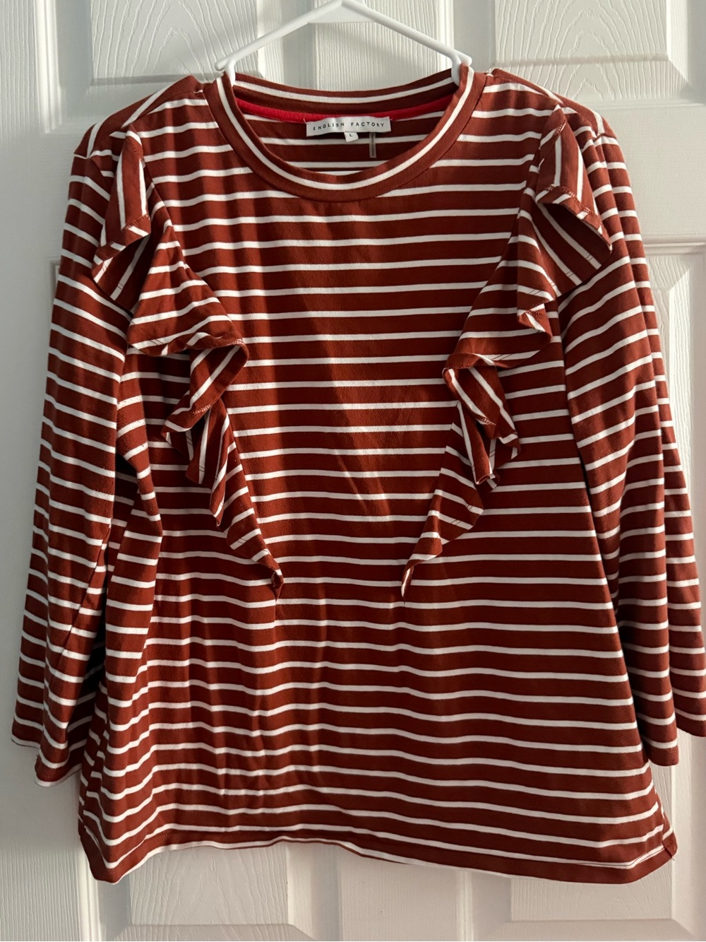 English Factory Rust Brown White Striped Ruffle Top Size Large
